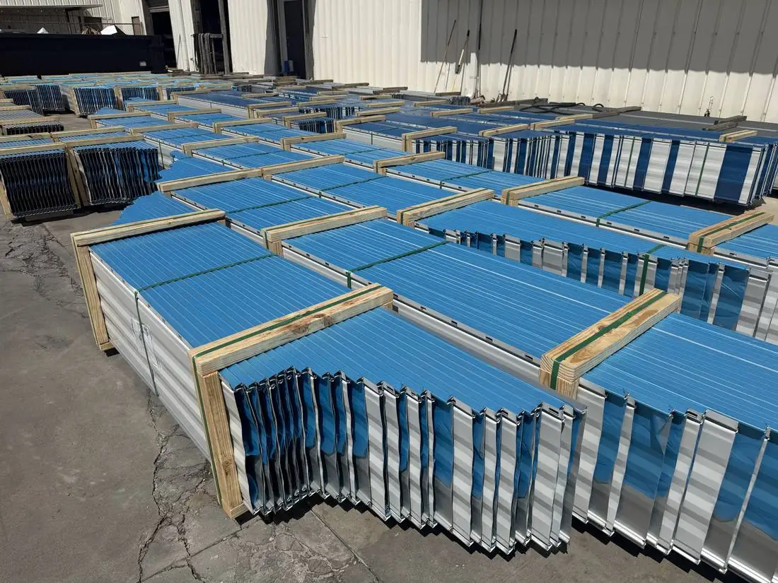 Standing seam metal roof panels bundled at the FL Sheet Metal yard in Tampa